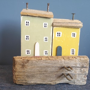Driftwood houses and harbour scene, handmade with upcycled wood and driftwood for rustic and coastal sustainable home decor