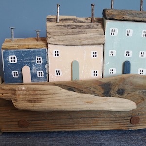 Driftwood Houses and cottages handmade with found driftwood and upcycled materials, unique harbour scenes for rustic sustainable home decor