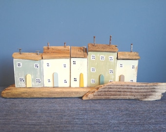 Driftwood Cottage Sculpture, Coastal Village Scene, Reclaimed Wood Art