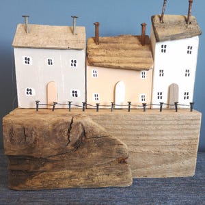 Driftwood Houses and cottages handmade with found driftwood and upcycled materials, unique harbour scenes for rustic sustainable home decor
