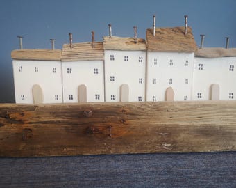 Driftwood Seaside Houses Sculpture: Rustic Coastal Decor Art