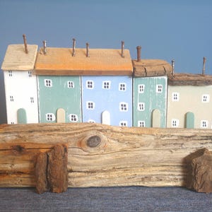 Driftwood houses and harbour scene, handmade with upcycled wood and driftwood for rustic and coastal sustainable home decor