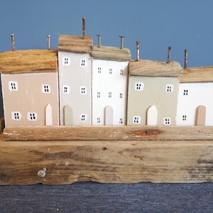 Little handmade Driftwood Cottages and Houses from re-cycled wood and driftwood, rustic coastal shelf decor, handcrafted wooden gift
