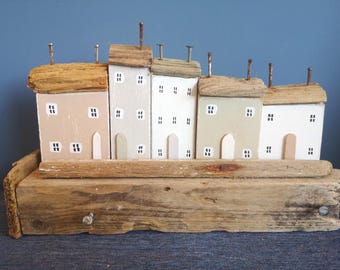 Handmade Driftwood Cottage Sculpture: Rustic Coastal Shelf Decor