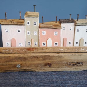Little handmade Driftwood Cottages and Houses from re-cycled wood and driftwood, rustic coastal shelf decor, handcrafted wooden gift