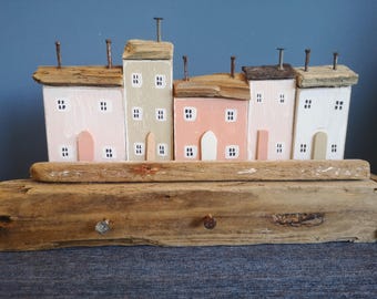 Handmade Driftwood Cottage Sculpture: Rustic Coastal Shelf Decor
