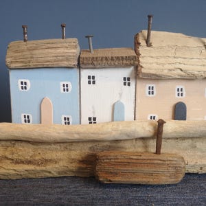 Driftwood cottages and houses, handmade with upcycled wood and found driftwood, sustainable rustic coastal decor, harbour village scene