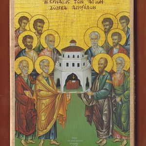 May include: A religious icon depicting the twelve apostles carrying a small white building. The icon is painted in a traditional style with bright colors and gold accents. The text at the top reads "Η ΣΥΝΑΞΙΣ ΤΩΝ ΑΓΙΩΝ ΔΩΔΕΚΑ ΑΠΟΣΤΟΛΩΝ".