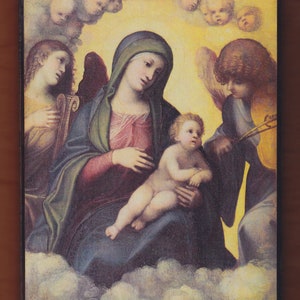 Virgin Mary,Tiziano, La Madonna con il Bambino, Virgin Mary mother with child Jesus and angels.FREE SHIPPING image 1