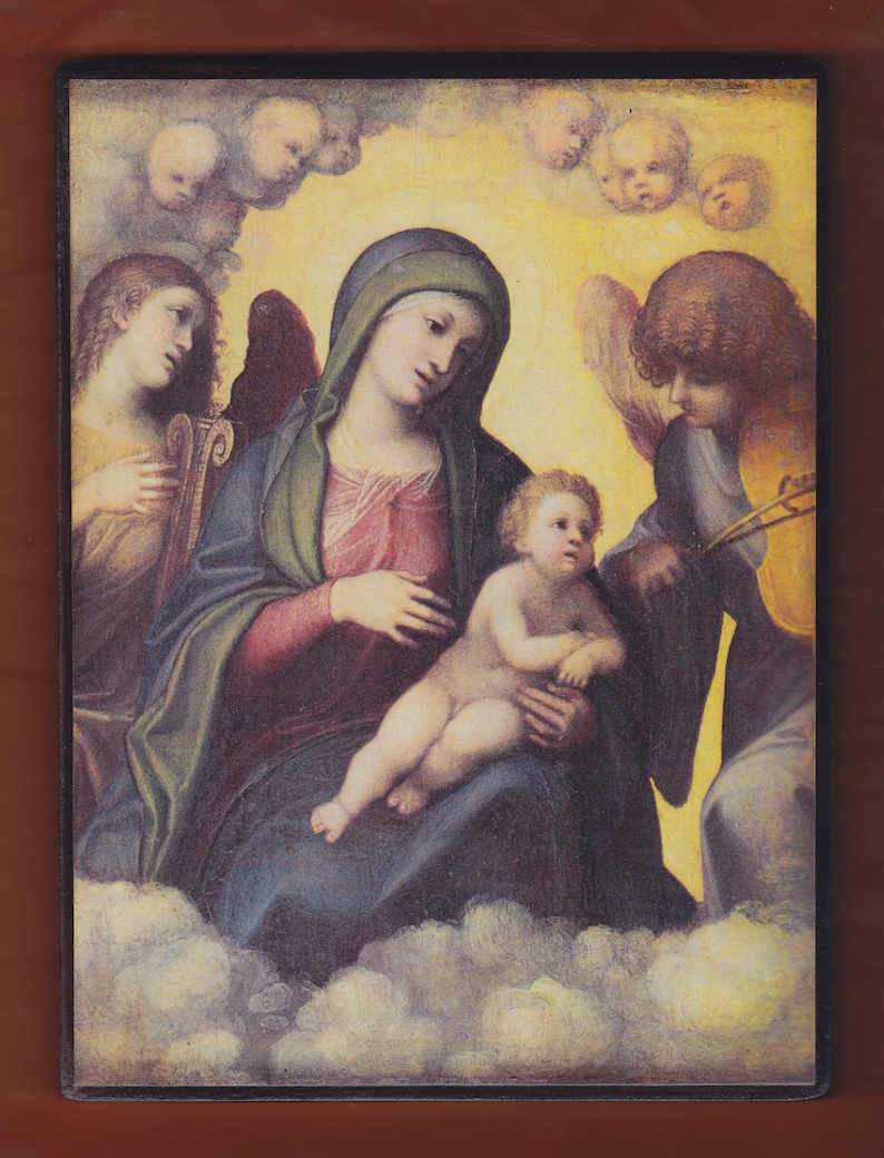 Virgin Mary,Tiziano, La Madonna con il Bambino, Virgin Mary mother with child Jesus and angels.FREE SHIPPING image 1