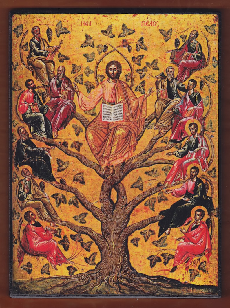 Östliche kybernetische Ikone des Jesus Christus als der wahre Weinstock, byzantinische Ikone des 16.Jahrhunderts im Byzantinischen Museum von Athen. Bild 1