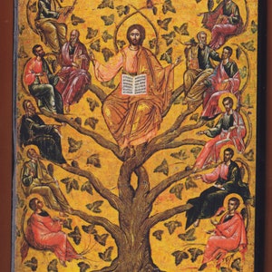 May include: A religious icon depicting Jesus Christ seated on a tree, surrounded by figures. The artwork features a warm color palette with gold, red, and brown tones. The figures are seated on the branches of the tree, holding books.