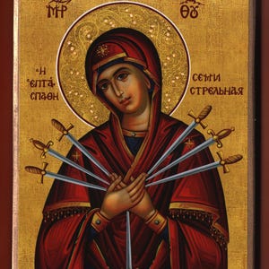 Virgin Mary of Sorrows - Seven Swords, Orthodox Icon.FREE SHIPPING.