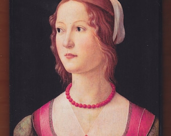May include: A portrait painting of a woman with long, wavy, auburn hair. She is wearing a white head covering and a pink dress with a white collar. She has a red beaded necklace around her neck.
