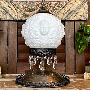 Repurposed Cordless Silverplate Shabby Accent Lamp, Vintage White Opal Embossed Cherub Angel Ball Shade and Crystal Prisms, One of a Kind!