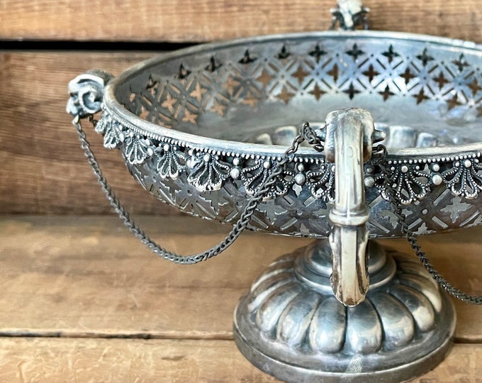 UNIQUE Rams Heads Silver Plate Centerpiece Pedestal Bowl Pierced Basket ...