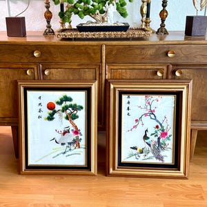 Set of TWO 23x19 Chinese Silk Embroidery Wall Art, Wood Framed featuring Floral, Crane & Peacock Scenes w/ Poetic Asian Calligraphy, Vintage