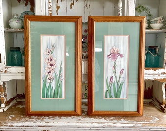 Pair of Signed Numbered A/P 1986 Carmel Foret Limited Edition Floral Watercolor Lithographic Prints - 27x15 Oak Frames - Iris & Gladiolus