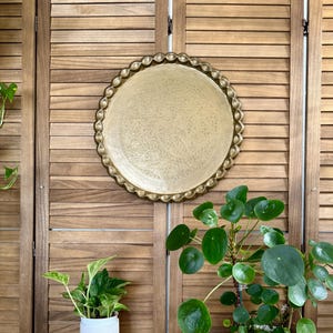 17.5&quot; Round Scalloped Brass Tray, Asian Embossed Brass Wall Hanging, Table Top, Serving Tray, Shabby Rustic Boho Eclectic MCM Decor, W7