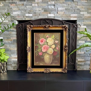 Antique 28&quot; x 24&quot; Still Life Pink & White Roses in Vase by Whitaker in Ornate Gold Gilt Wood Frame, Framed Roses Floral Artwork on Canvas