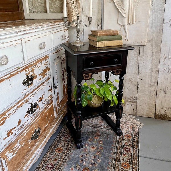 Antique Early Century Wooden Side Table or Nightstand with Single Drawer and Bottom Shelf, Beautiful Dark Wood and Hand Carved Details,