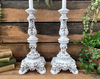 Pair of 15" White Figural Ornate Plaster Candlestick Holders with Lion and Satyr Faces