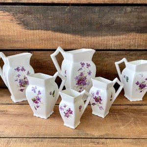 RARE 1800s Max Roesler Purple Violets Pattern 6 pc Set Antique Ceramic Graduated Kitchen Pitchers, Roesler RMR Bavaria, Germany Fine China