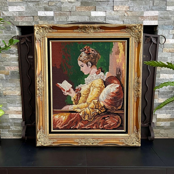 HUGE 32" x 28" Needlepoint Art in Ornate Gilt Gold Wood Frame - “Jeune Fille Lisant” (French) “Young Girl Reading"