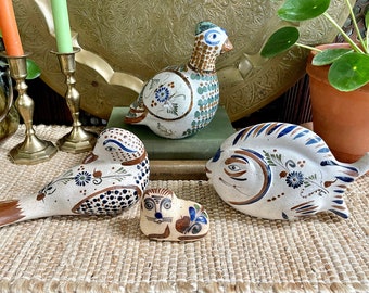 Set of 4 Tonala Pottery Collection From Mexico | Hand Painted, Glazed Tonala Stoneware Signed Ortiz | Bird, Quail, Fish, Cat Tonala Figurine