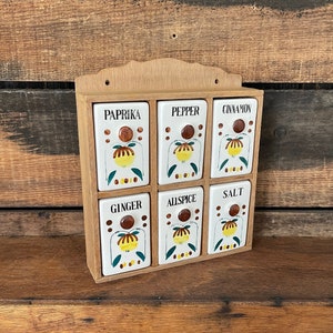 Kitschy Ceramic Spice Jar Shakers Set on Wooden Wall Rack Shelf - Rare Style! - Fruit - Pre Mid Century 30s-50s Retro Kitchen Decor |#M