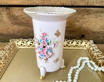 Mid Century 1950s Lefton Vase, Pale Pink Butterflies and High Relief Flowers with 24K Gold Accents and Textured Rim (#V8)