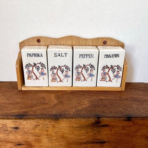 Kitschy Ceramic Spice Jar Shakers Set on Wooden Wall Rack Shelf - Couple under Tree Dancing - Pre Mid Century 30-50s Retro Kitchen Decor |#F