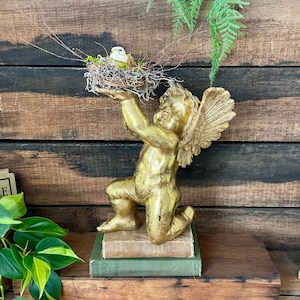 Puede incluir: Una estatua de querub&iacute;n de oro con alas arrodillada sobre una pila de libros. El querub&iacute;n sostiene un nido de p&aacute;jaro con un peque&ntilde;o p&aacute;jaro blanco dentro.