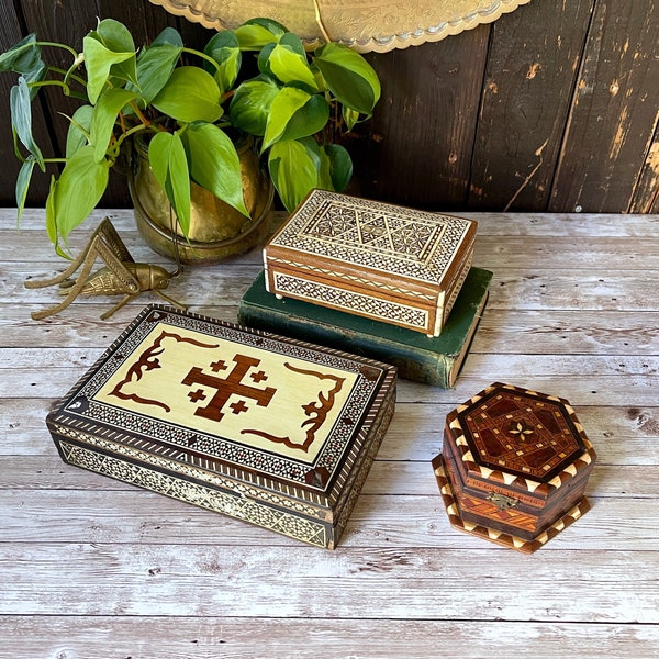 Set of 3 VINTAGE Wood Marquetry Inlay Boxes - OLD Handmade Syrian Style Mosaic Inlaid Wood Mother of Pearl - Read Description/ALL Photos Q8