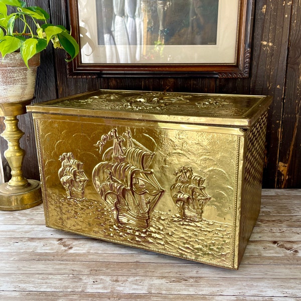 Antique Embossed Brass Fireplace Coal Chest, Firewood Log Box with Nautical Sailing Ships in Repoussé, Rustic Victorian Fireplace Decor