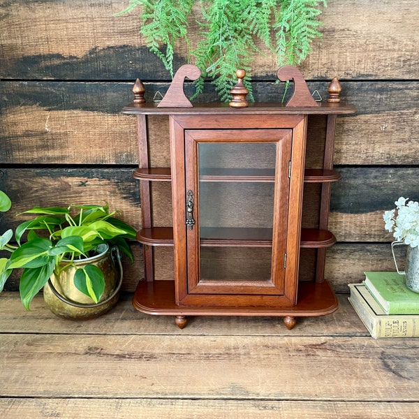 Vintage Wooden Curio Cabinet with Glass Doors - Wall Hanging or Freestanding Wood Wall Curio Display Cabinet - 17" x 14" x 5"