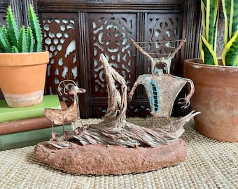 Signed Jodi McIntosh Copper Wire & Paper Mache Sculpture on Natural Wood  "Father with the Family Goat", Vintage Hieroglyphic Figures BXD