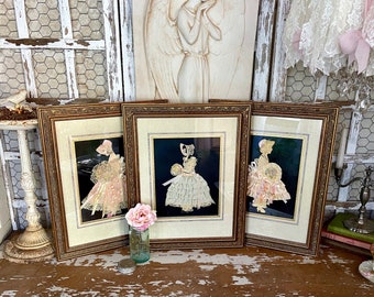 Set of 17.5 x 14.25 Vintage Framed 1930s Ribbon Paper Doll Silhouettes -Matching Ornate Gold Frames - Victorian Shabby Chic Gallery Wall Art