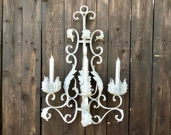 Large 28&quot; x 19&quot; Wrought Iron 3 Arm Wall Candelabra | Distressed White Shabby Cottage Chic Wall Candle Holder | Indoor Outdoor | Scroll Iron