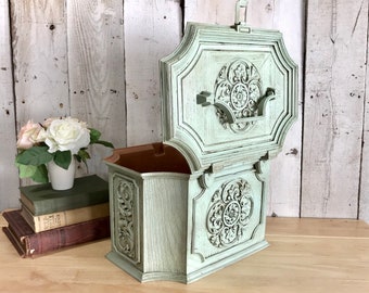 Mid Century Notions Box Repainted in Blue-ish Green, Faux Wood Max Klein Sewing Box, Storage Box with Handle, Make-up Case or Nail Care Box