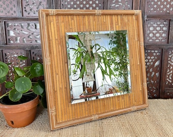 Mid Century "Contempo Art Studios" Los Angeles Square Carved Wood Faux Bamboo Style Framed Beveled Mirror - Woven Rattan Wicker - 19.5x19.5