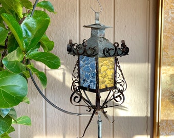 Vintage Spanish - Mexican Metal Hanging Lantern w/ 4 of 6 Textured Glass Panels, Natural Rusty Distressed Patina & Beautiful Scrollwork |#10