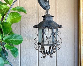 Vintage Small Spanish - Mexican Metal Hanging Lantern with Clear Textured Glass Panels - Rustic Distressed Patina & Beautiful Scrollwork |13