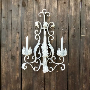Large 28&quot; x 19&quot; Wrought Iron 3 Arm Wall Candelabra | Distressed White Shabby Cottage Chic Wall Candle Holder | Indoor Outdoor | Scroll Iron