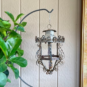 Vintage Spanish - Mexican Metal Hanging Lantern with Naturally Weathered Rusty and Distressed Patina and Beautiful Scrollwork | #6