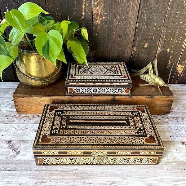 2 pc Set VINTAGE Wood Marquetry Inlay Boxes including Tissue Box - Handmade Syrian Style Mosaic Inlaid Wood - Bazar Kamal Al-afghani Jordan