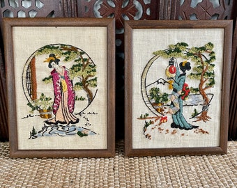 Vintage crewel embroidery asian empress priestess chinoiserie hand made framed