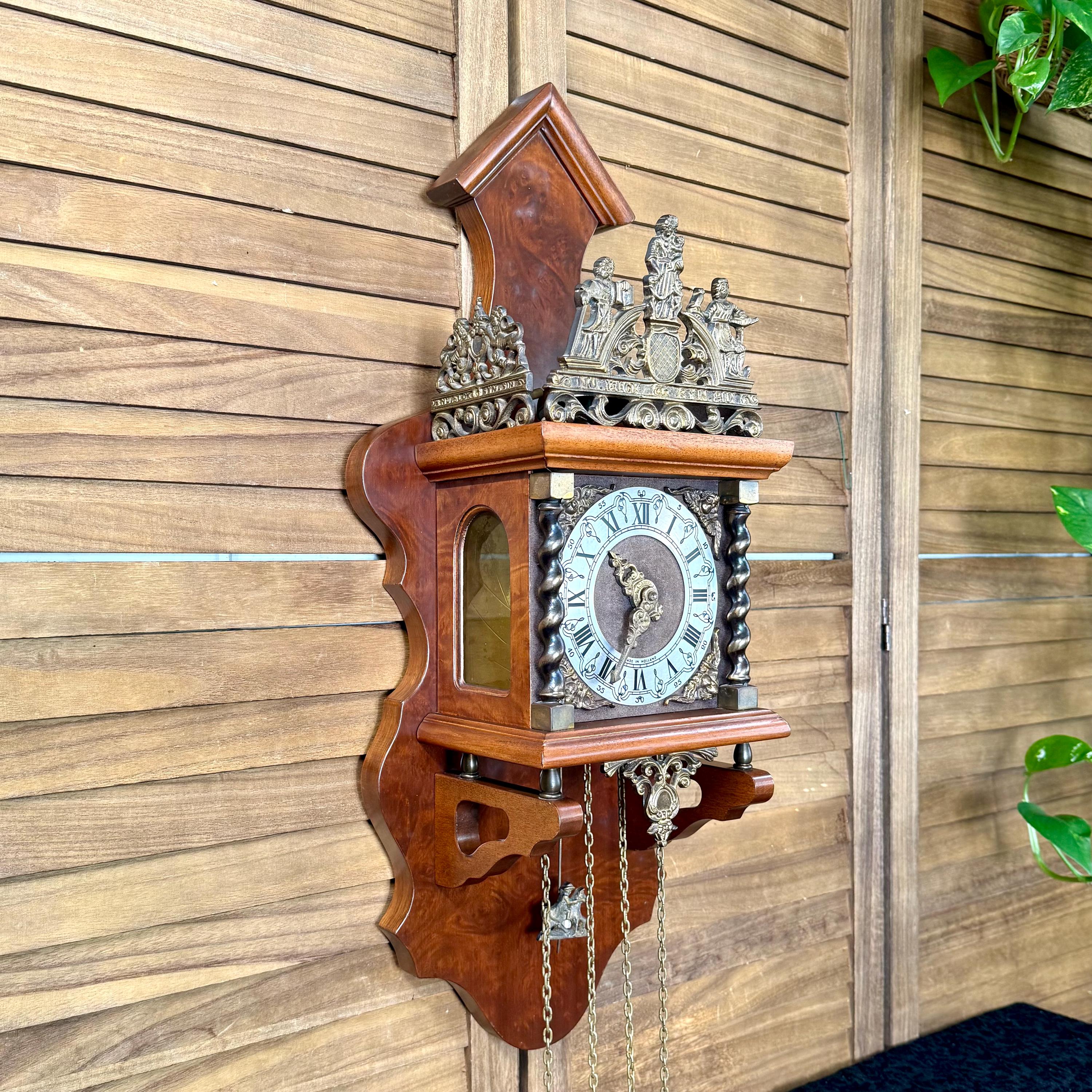 Vintage Dutch Zaanse Wall Clock, Ornate Wood and Brass Pendulum Clock ...