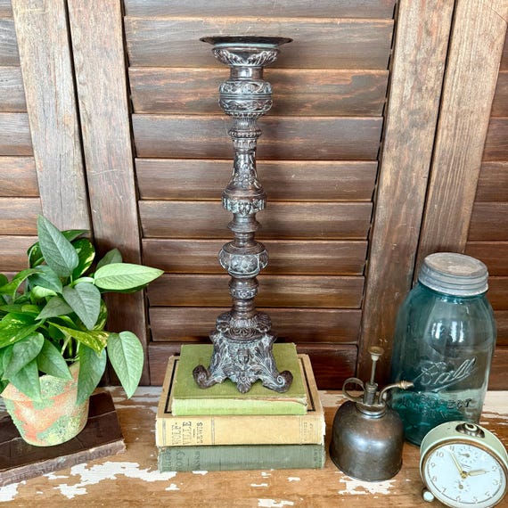 Antique Style Baroque Candlestick Holder or Plant Pedestal featuring Figural Faces and Ornate Details,