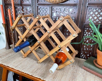 Wood Accordion Wine Rack, Mid Century Collapsable Wooden Wine Bottle Holder,  Vintage Wine Bar Decor, Organic Boho Chic Wine Storage #T6